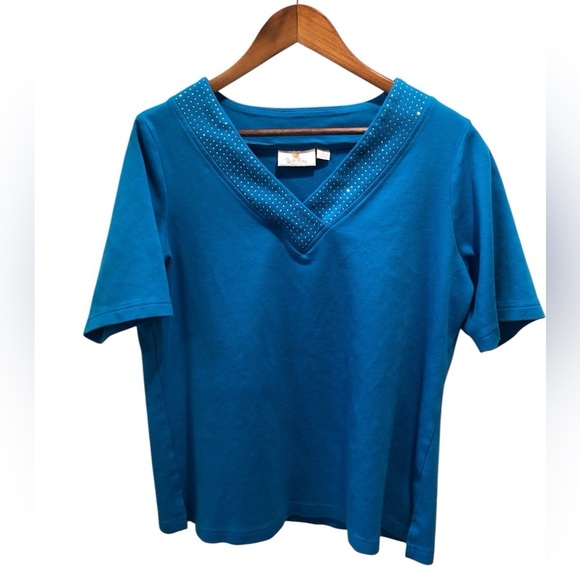 Quacker factory Large Blue V-Neck Blouse S/S Embellished. - Picture 1 of 5